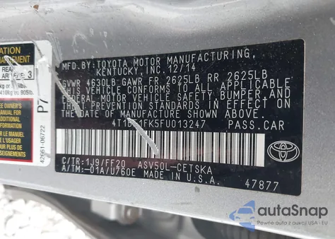 2015 Toyota Camry Se from USA, damaged, VIN 4T1BF1FK5FU013247